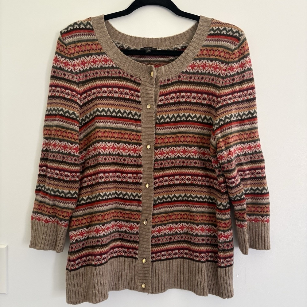 Talbots‎ Sweater Womens XL Fair Isle Cardigan Wool Blend Button Preppy Career